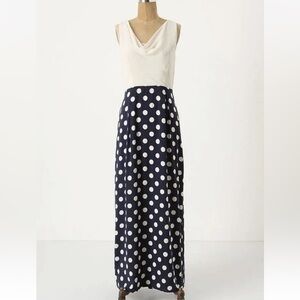 ANTHROPOLOGIE Moulinette Soeurs Navy and White Polka Dot Silk Maxi Dress